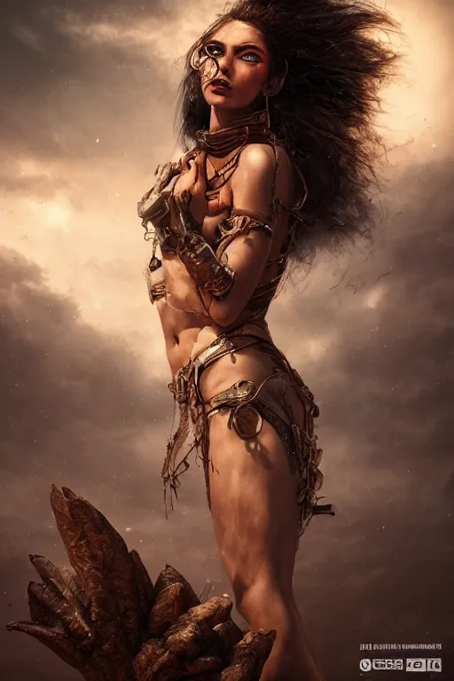 Prompt: a centered photo of a post apocalyptic goddess at the playa, powerful, cinematic, beautifully lit, by artgerm, by karol bak, 3 d, perfect face and body, trending on artstation, octane render, 8 k