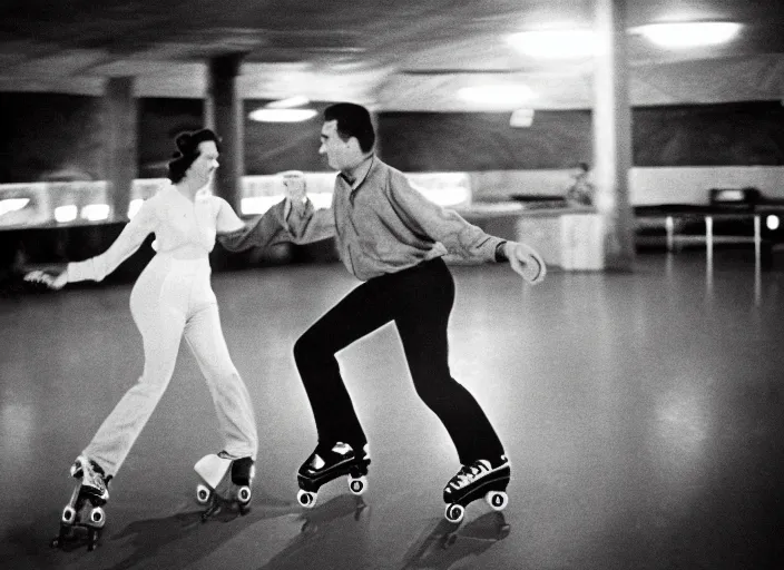 Image similar to a 35mm photograph of a man and a woman roller skating at a roller rink in the 1950's at sunset, bokeh, Canon 50mm, cinematic lighting, photography, retro, film, Kodachrome, award-winning, rule of thirds, golden hour