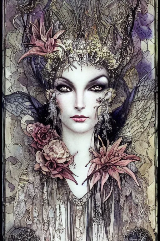 Image similar to dark fairy queen closeup face surrounded by floral frame, art by luis royo and walter crane and kay nielsen, watercolor illustration, sharp focus