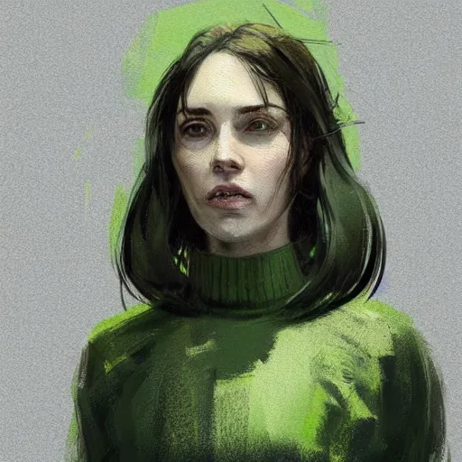 Prompt: Portrait of a woman by Greg Rutkowski, she is about 30 years old, pretty, messy black bob hair, pale round face, tired green eyes and she is wearing a black utilitarian jumper jumpsuit, highly detailed portrait, digital painting, artstation, concept art, smooth, sharp foccus ilustration, Artstation HQ.