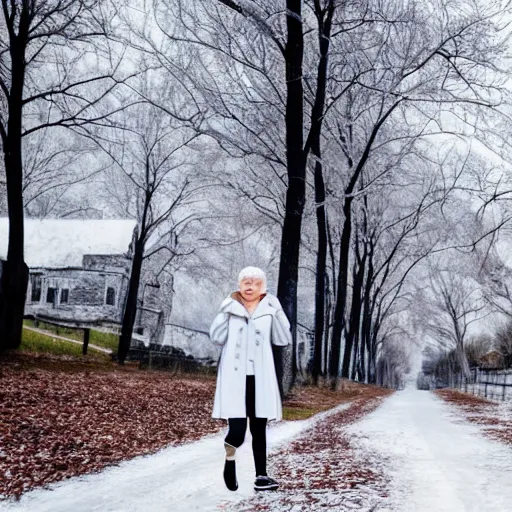 Prompt: 19-year-old Aristocratic platinum-blonde-haired hime-cut blue-eyed French empress wearing white leggings and black jacket, walking down sidewalk, winter trees, dead trees, mill, abandoned mill, drones, HD photograph