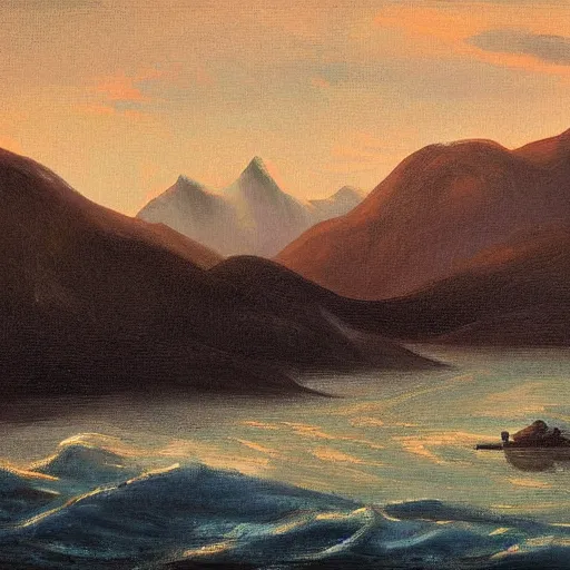 Image similar to mountains in the foreground, sea in the background at dawn, painting