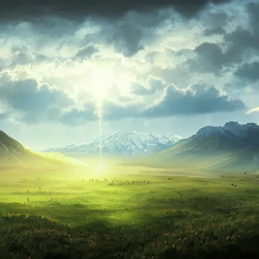 Prompt: a cinematic landscape view looking at an open field, mountains in the distance, the sun shines through the parted clouds, digital painting, fantasy, art by alexandre mahboubi and liquidcoco