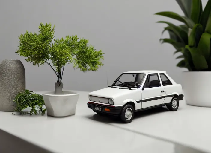 Image similar to a small miniature of a Fiat Ritmo 1987 on a white table near a book and a vase with a plant, 3d render, octane render, unreal engine 5, path tracing, serene landscape, calm, relaxing, beautiful landscape, highly detailed, high quality, 4k, symmetrical, low contrast