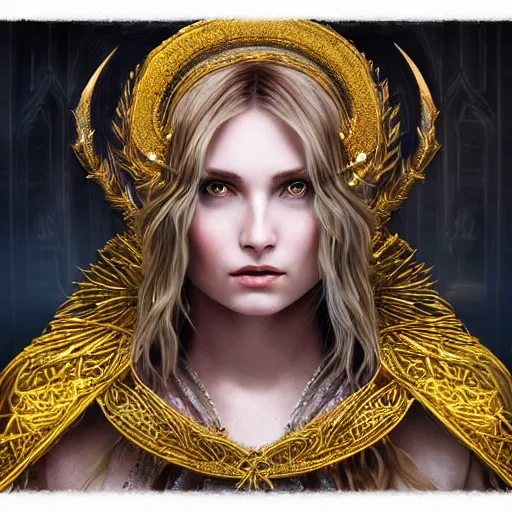 Image similar to highly detailed sharp photorealistic portrait of a beautiful lithuanian female priestess with shimmering hair, symmetrical face and eyes, dressed in intricate flowing silk, the silky cloth lined with golden glowing letters, cgsociety, Elden Ring, Dark Souls, Bloodborne H 640