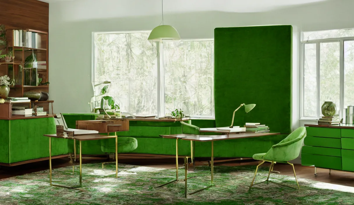 Prompt: a still of severance series indoor 7 0 s green velvet and wood with metal furniture office scenario appearing as a 7 0 s prisunic catalog, in color