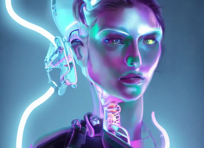Prompt: a white cast futuristic biomechanical woman with prety face, futuristic neon lights, digital painting, cyberpunk