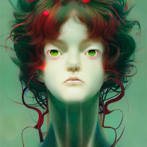 Image similar to prompt : pale red and deep green portrait soft light painted by james jean and katsuhiro otomo and erik jones, inspired by evangeleon anime, smooth face feature, intricate oil painting, high detail illustration, sharp high detail, manga and anime 1 9 9 9