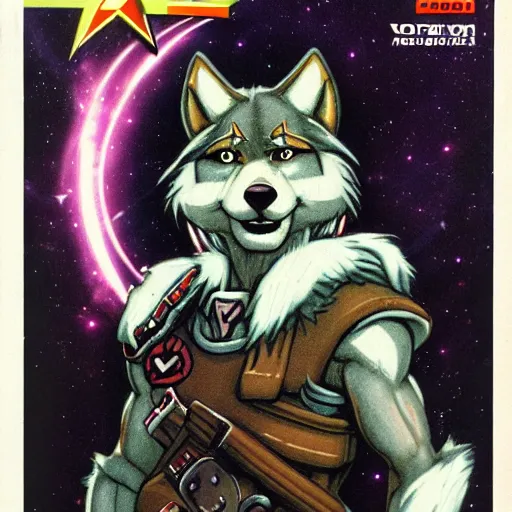 Image similar to 1 9 8 0 s video game art of anthropomorphic wolf o'donnell from starfox fursona furry wolf in a dark space mercenary uniform, looking heroic, magazine scan, 8 0 s game box art, dark grey wolf o'donnell