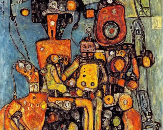 Image similar to a painting of a robot family by graham sutherland, egon schiele, expressionism