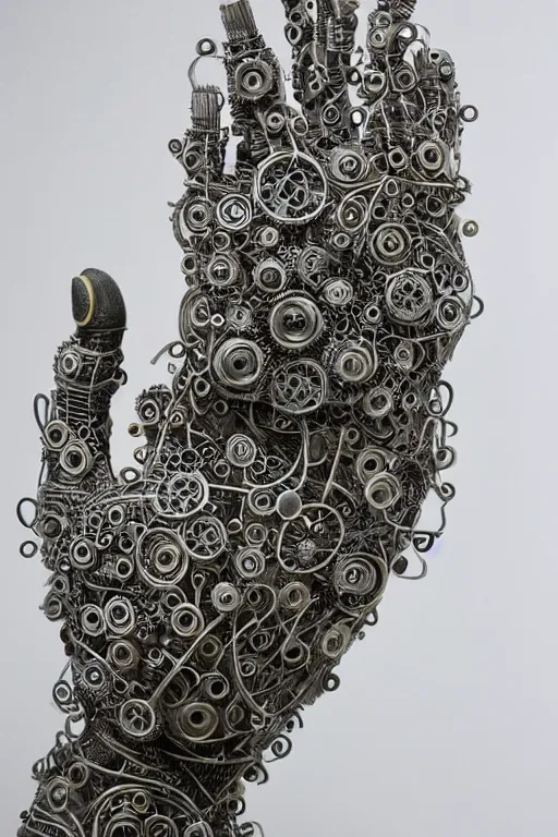 Image similar to cybernetic robotic hand made of intricate gears, wires and ceramics, engraved with sanskrit writing