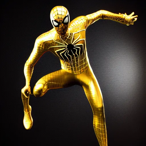 Image similar to gold spider - man suit with black web lining, cinematic, volumetric lighting, realistic, hyperdetailed, photorealistic, photograph