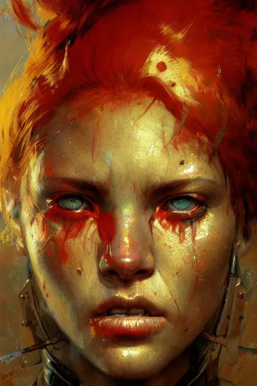 Image similar to extreme close up scarred female warrior face, red hair, yellow eyes portrait dnd, painting by gaston bussiere, craig mullins, greg rutkowski, yoji shinkawa