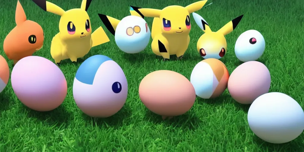 Image similar to real life pokemon egg group, cute!!!, content!!!, mischievous!!!, adorable!!!, fluffy!!!, ultra realistic!!!, golden hour, sharp focus, tiny amount of chromatic aberration
