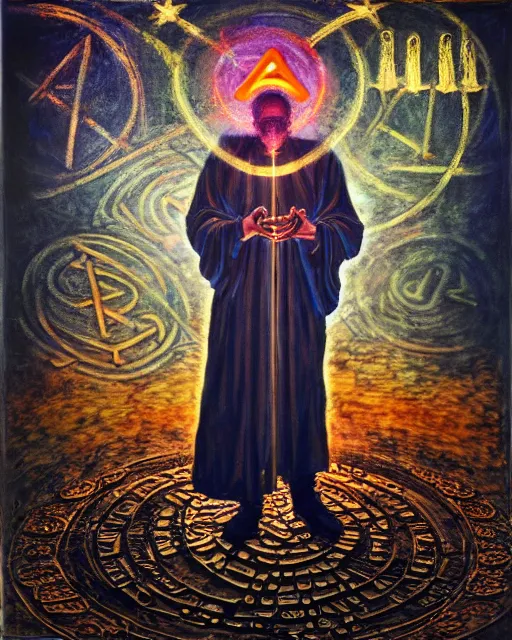 Prompt: encaustic painting of mage reciting an incantation and standing on glowing circular runes in the middle of dark room, high production value, intricate details, high resolution, hyperrealistic, hdr, high definition, masterpiece, ultra realistic, highly detailed, hd, sharp focus, non blurry, sharp, smooth