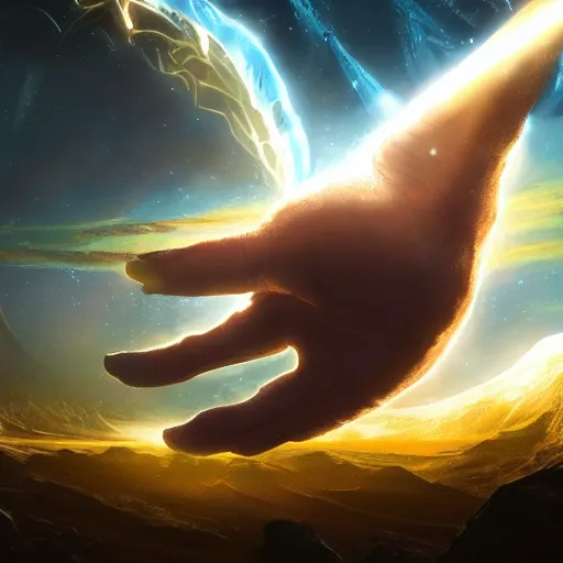 Image similar to a celestial holy hand coming from a portal down to earth, dynamic lighting, fantasy concept art, trending on art station, stunning visuals, creative, cinematic, ultra detailed, ray tracing