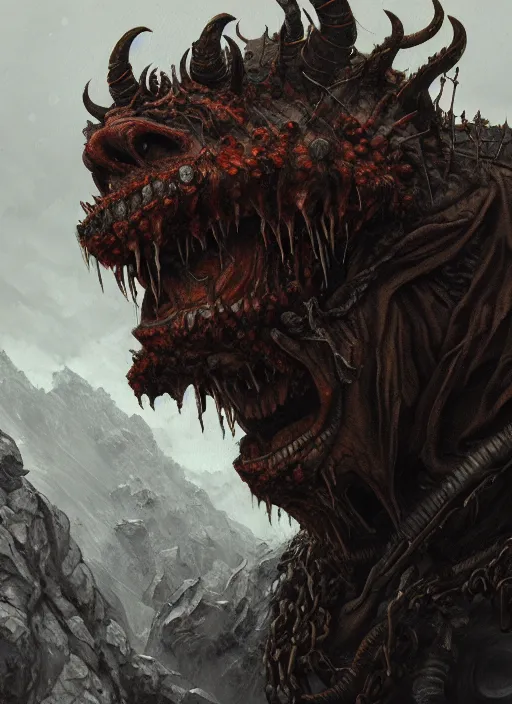 Image similar to close up portrait of an evil monster with bad smell in the mountains of hell, oil painting by tomasz jedruszek, cinematic lighting, pen and ink, intricate line, hd, 4 k, million of likes, trending on artstation