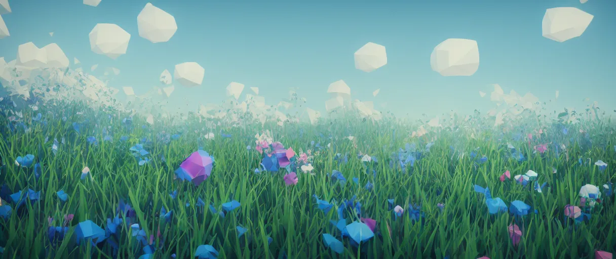 Prompt: 3 d render, low poly art, minimalist, flowers, teal sky, lowpoly landscape, particles floating, unreal engine, dreamy, bokeh, bounce light, bright lighting, complementary palette