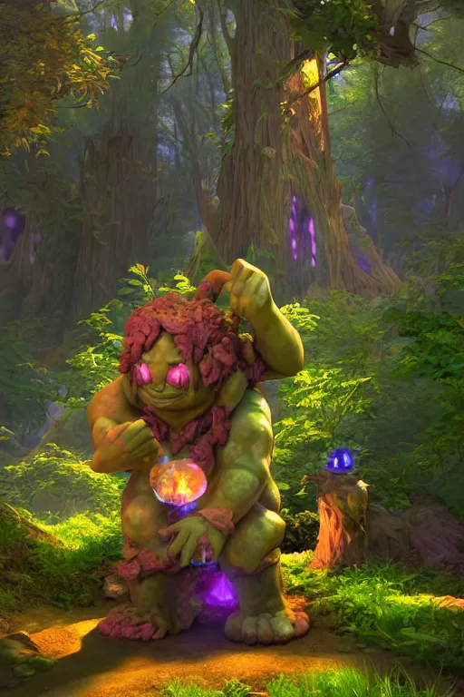 Image similar to arcane fantasy art giant golem elemental wood rock bastion forged gemstone enchanted forest troll, global illumination ray tracing hdr fanart arstation by sung choi and eric pfeiffer and gabriel garza and casper konefal lisa frank zbrush central hardmesh radiating a glowing aura