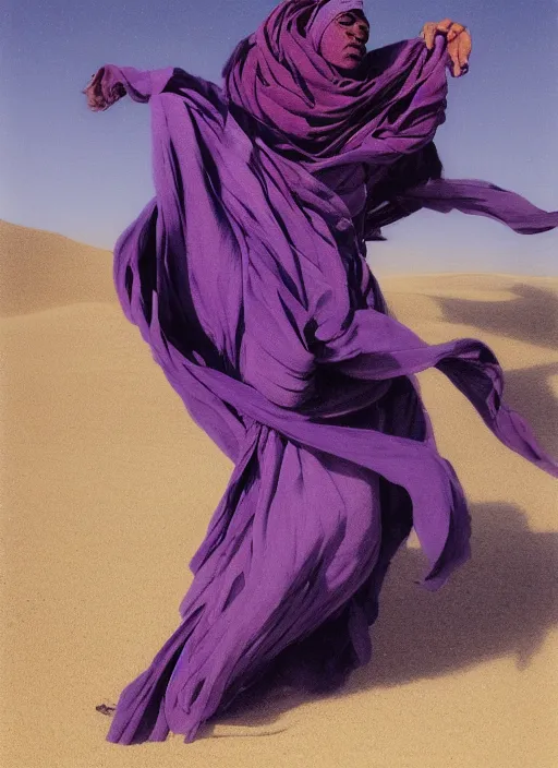 Prompt: a polaroid full lenght flowing twisted clothes like tornado a old tuareg woman, many fabric, stones near foot, wind, stands on sand, full body shot, dark background, pastel purple colour scheme, trending on pixiv fanbox, painted by caravaggio greg rutkowski, akihiko yoshida,