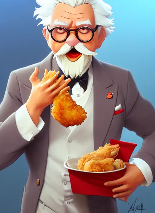 Image similar to cute colonel sanders eating fried chicken, natural lighting, path traced, highly detailed, high quality, digital painting, by don bluth and ross tran and studio ghibli and alphonse mucha, artgerm