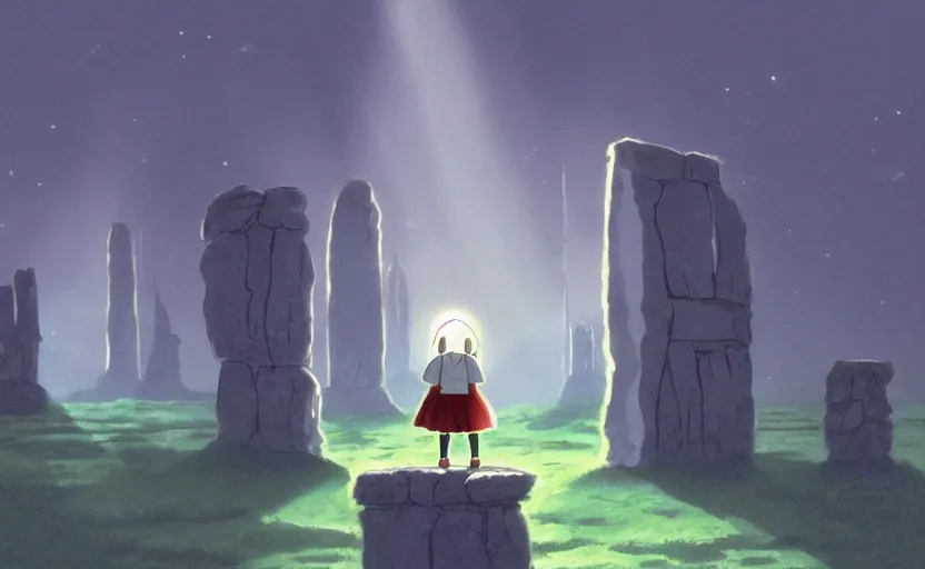 Image similar to a realistic cell - shaded studio ghibli concept art from paprika ( 2 0 0 6 ) of a flying android from close encounters of the third kind ( 1 9 7 7 ) in a flooded monument valley stonehenge jungle on a misty starry night. very dull colors, action shot, hd, 4 k, hq