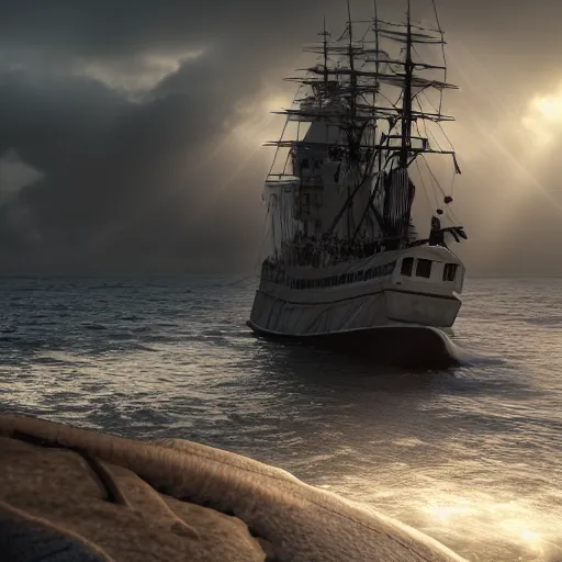 Prompt: a ship sinking in the ocean with poseidon watching, concept art, moody, god rays, atmospheric, 8 k render