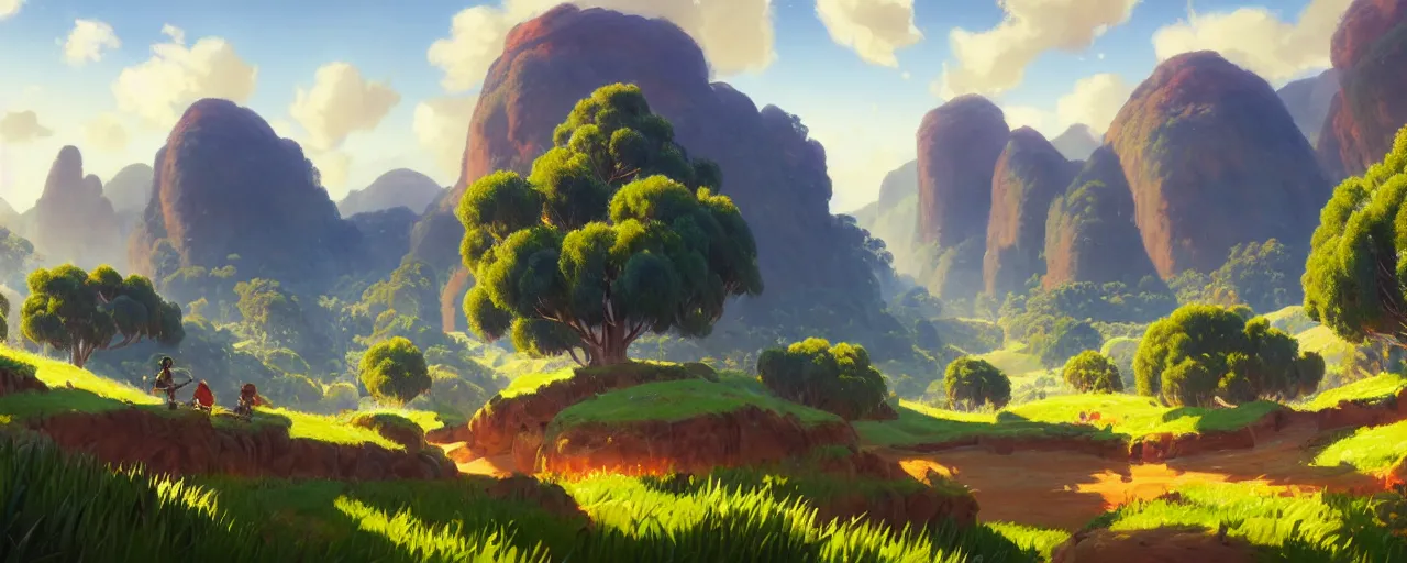 Image similar to australian impressionism landscape, pokemon sword and shield ghibli landscape illustration close floral clearing and mountains in the background, deep focus, d & d, fantasy, intricate, elegant, highly detailed, digital painting, artstation, concept art, matte, sharp focus, illustration, hearthstone, art by fire watch game and greg rutkowski, no characters