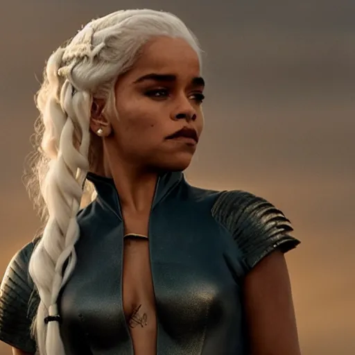 Prompt: rhianna as daenerys targaryen, golden hour, cinematic