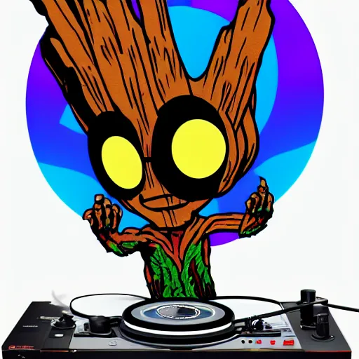 Image similar to svg sticker of a Pop-Wonder Groot-Marvel-Avenger at a rave, spinning records, giant headphones rocking out, wearing headphones, huge speakers, dancing, rave, DJ, spinning records, digital art, amazing composition, rule-of-thirds, award-winning, trending on artstation, featured on deviantart