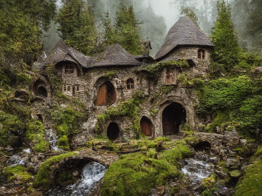 Image similar to medieval hobbit home, ornate, beautiful, atmosphere, vibe, mist, smoke, chimney, rain, wet, pristine, puddles, waterfall, melting, snow, creek, lush, ice, bridge, forest, flowers, james jean