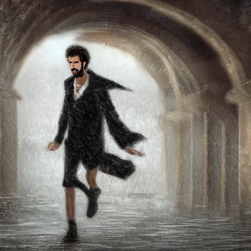 Image similar to italian tall young man with short curly hair and beard, running under a bridge of stone while it rains heavily, romantic view, extremely detailed, digital painting, trending on deviantart