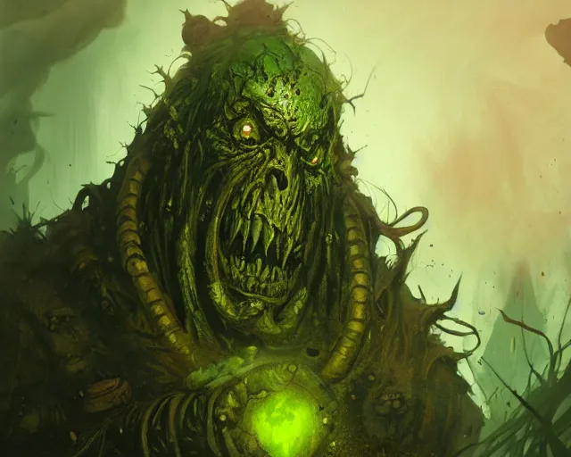 Prompt: wide shot of a cultist of nurgle, green and brown colours, bottom up green lighting, rotting, deep focus, d & d, fantasy, intricate, grim, highly detailed, digital painting, artstation, concept art, matte, sharp focus, illustration, hearthstone, art by artgerm and greg rutkowski and alphonse mucha