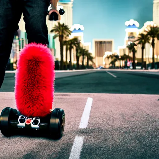 Prompt: fluffy poodle traveling on a hoverboard in las vegas, [ 4 k photorealism ]!!, trending on unsplash