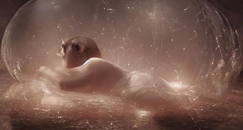 Prompt: a close-up of a woman body trapped inside a transparent egg , cinematic atmosphere, by Greg Rutkowski and Grafit Studio, Lee McCall, Patiphan Sottiwilai, Phong Yintion J - Jiang Geping, Pete Mc Nally