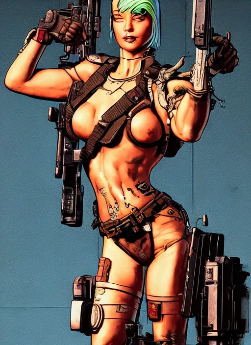 Prompt: buff cyberpunk mercenary lady. portrait by stonehouse and mœbius and will eisner and gil elvgren and pixar. realistic proportions. cyberpunk 2 0 7 7, apex, blade runner 2 0 4 9 concept art. cel shading. attractive face. thick lines.