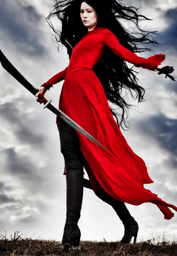 Prompt: a lone beautiful fierce long black haired woman wearing red dress wielding black longsword posing heroically, heavenly sunlit clouds background, close up shot