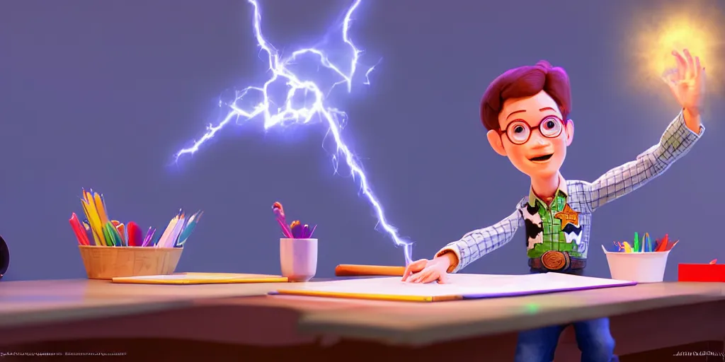 Image similar to a young boy mage that looks like andy from toy story and is at his desk working on a new spell that is casting out flowing energy, colorful, flowing energy, light rays, consistent face, medium shot, waist up, pixar and disney animation, sharp, concept art, highly detailed, trending on artstation, bloom, dramatic lighting, cinematic