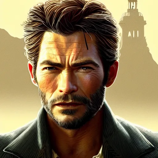 Prompt: A combination of Clint Eastwood's and Orlando Bloom's and Chris Pine's faces as Nathan Drake, western, D&D, fantasy, intricate, elegant, highly detailed, digital painting, artstation, concept art, matte, sharp focus, illustration, art by Artgerm and Greg Rutkowski and Alphonse Mucha