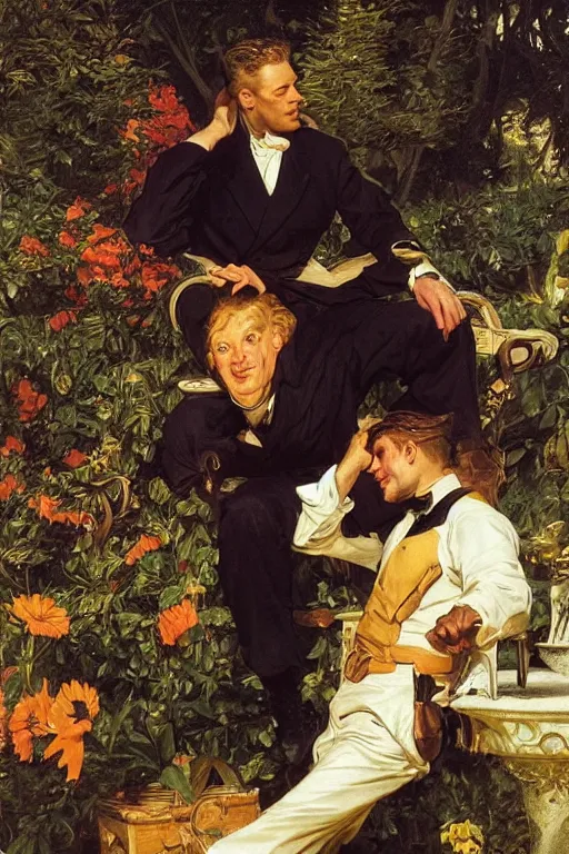 Image similar to GigaChad, golden hour, in a garden, artstation, by J. C. Leyendecker and Peter Paul Rubens,