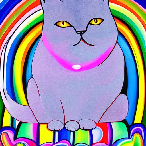 Image similar to portrait of a grey british shorthair cat sitting on wavy piano keys with musical notes in the background detailed colorful luminescent oil painting in the style of laurel burch and lisa frank 4 k