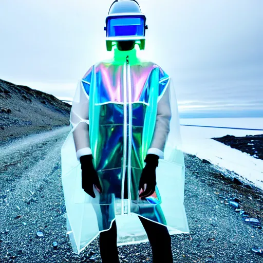 Image similar to an ultra high definition professional studio quality photograph of an artificially intelligent celebrity cyberpunk pop star wearing a transparent iridescent pastel coloured face visor and matching raincoat on white coat hook in a sheer icelandic black rock environment. dramatic lighting. volumetric shadows. light rays