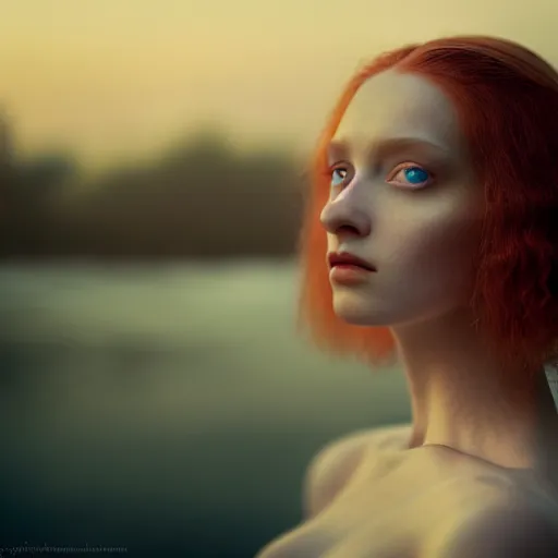 Image similar to photographic portrait of a stunningly beautiful english renaissance female in soft dreamy light at sunset, beside the river, soft focus, contemporary fashion shoot, in a denis villeneuve and tim burton movie, by edward robert hughes, annie leibovitz, extremely detailed, breathtaking, hyperrealistic, perfect face, octane render