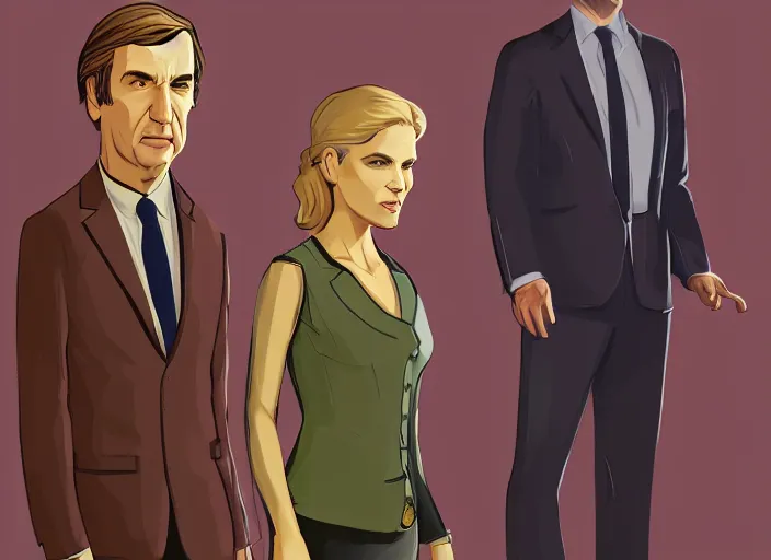 Image similar to ilustration of kim wexler and saul goodman, extremely detailed artstation, for aaa game, high quality, adobe ilustrator, behance