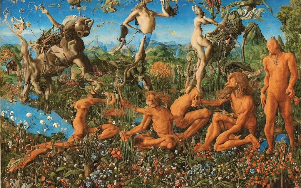 Image similar to a portrait photograph of a meditating satyr and a centaur monk riding a rocket machine and hunting at a river delta. surrounded by bulbous flowers and trees. mountain range under a blue sky of fiery stars. by jan van eyck, max ernst, ernst haeckel, ernst fuchs and artgerm, cgsociety, fashion editorial, 8 k