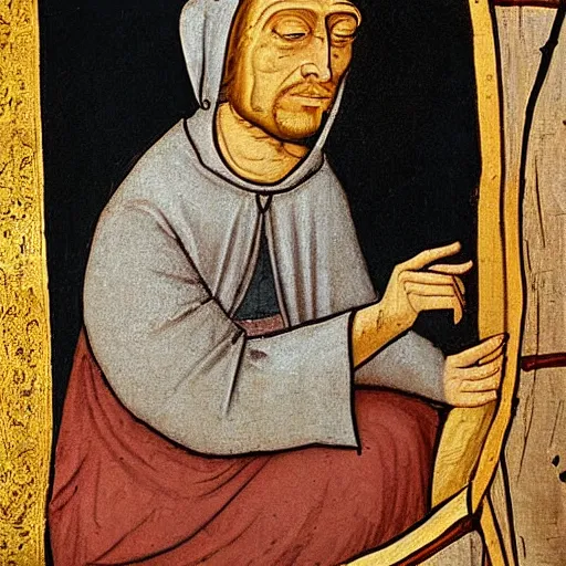 Prompt: medieval painting of a monk next to a barrel