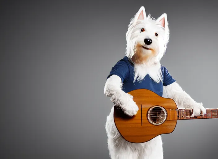 Image similar to photo still of an anthropomorphic westie!!!!!!! shredding a guitar on stage, 8 k, 8 5 mm f 1. 8, studio lighting, rim light, right side key light