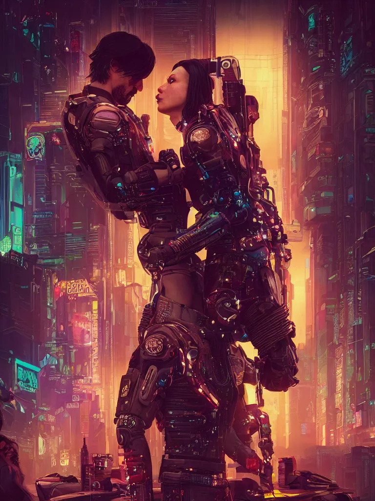 Image similar to a cyberpunk 2077 couple portrait of Keanu Reeves&female android in final kiss,love,film lighting,by Laurie Greasley,Lawrence Alma-Tadema,Dan Mumford,artstation,deviantart,FAN ART,full of color,Digital painting,face enhance,highly detailed,8K,octane,golden ratio,cinematic lighting