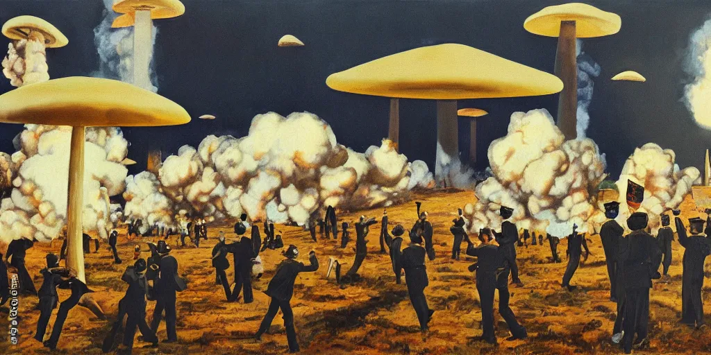 Prompt: Sacking of Washington DC, Mushroom Cloud, 1958, Oil on Canvas, Antiwar, dramatic, digital art