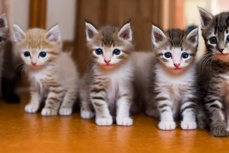 Image similar to exactly five kittens in a room and the kittens are looking directly into the focal point of the camera